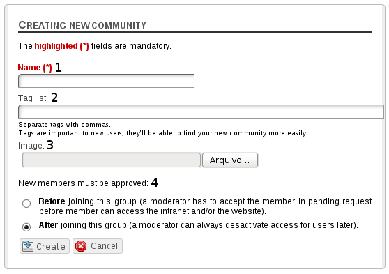 Form for creation of a community