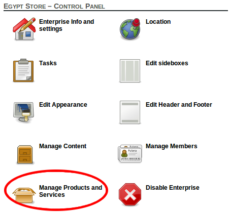 Control panel with manage products
