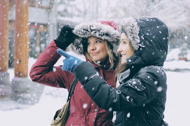 Two women in a snow storm uzxzxvn display